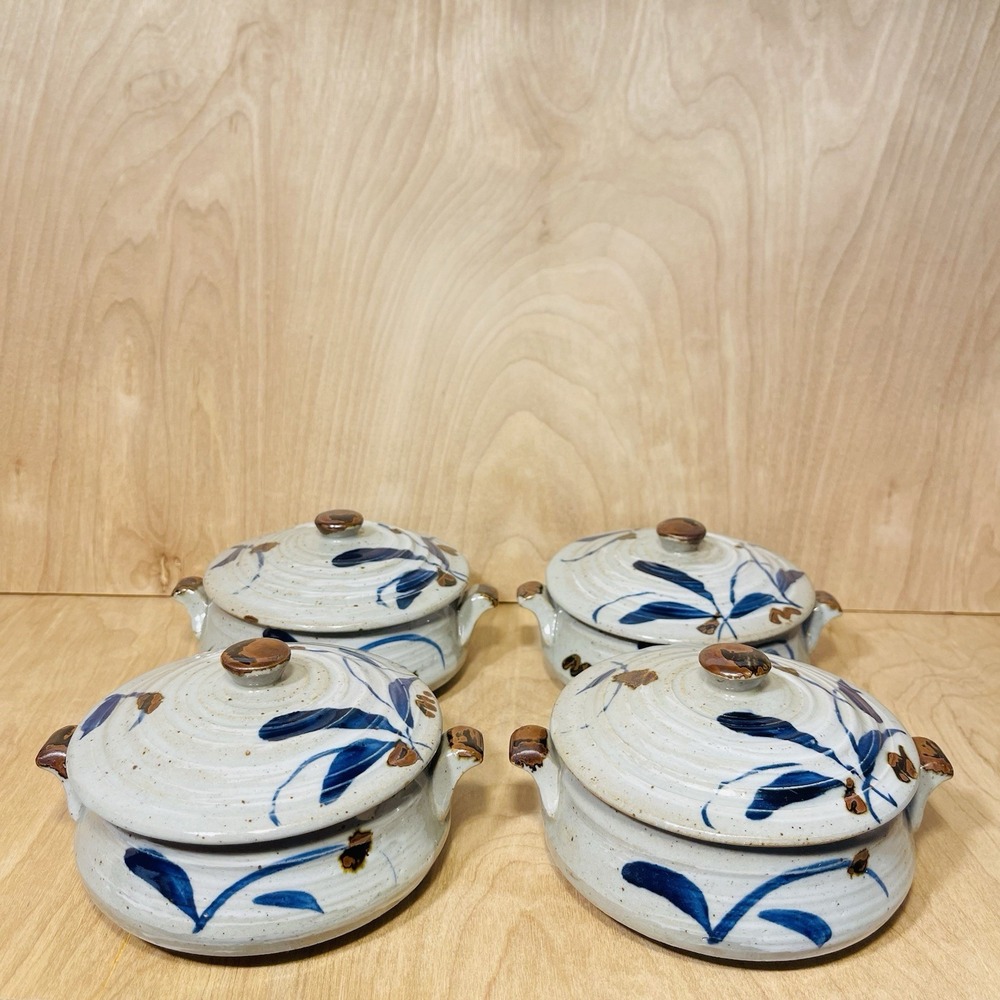 Vintage Pottery Stoneware Soup Bowls With Lids‎ Japanese Handpainted Set Of 4
